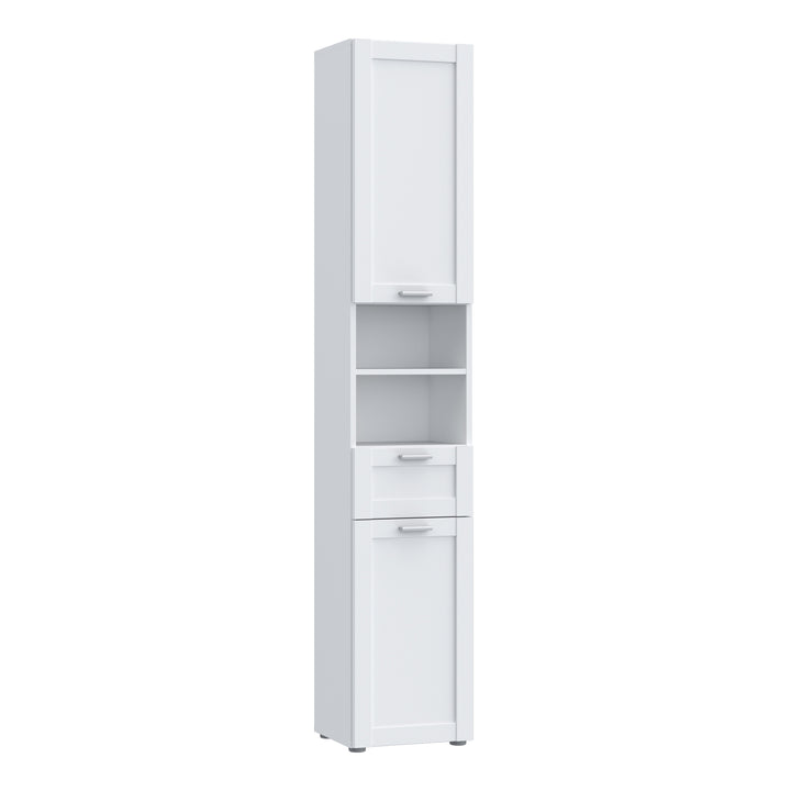 Lokko Tall Narrow Bathroom Cabinet with 2 Doors & 1 Drawer with Silver Handles in White