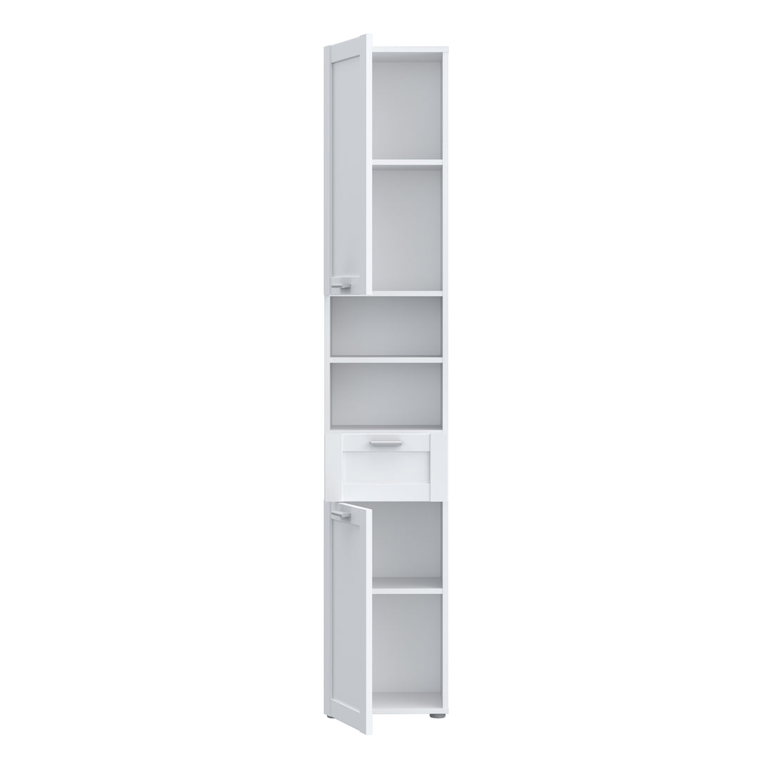 Lokko Tall Narrow Bathroom Cabinet with 2 Doors & 1 Drawer with Silver Handles in White