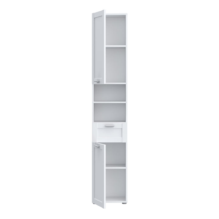 Lokko Tall Narrow Bathroom Cabinet with 2 Doors & 1 Drawer with Silver Handles in White