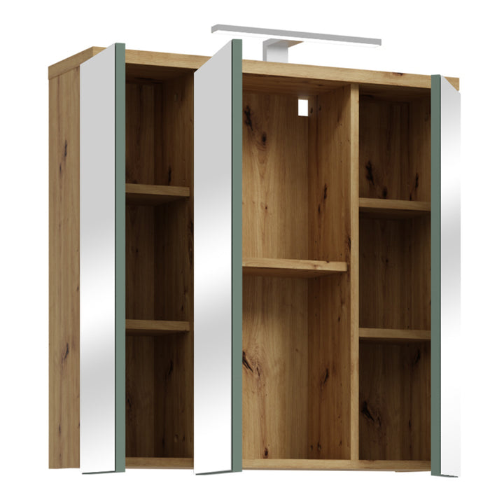 Veris 3 Door Mirrored Bathroom Cabinet with Integrated LED Lighting â€“ Artisan Oak and Sage Green