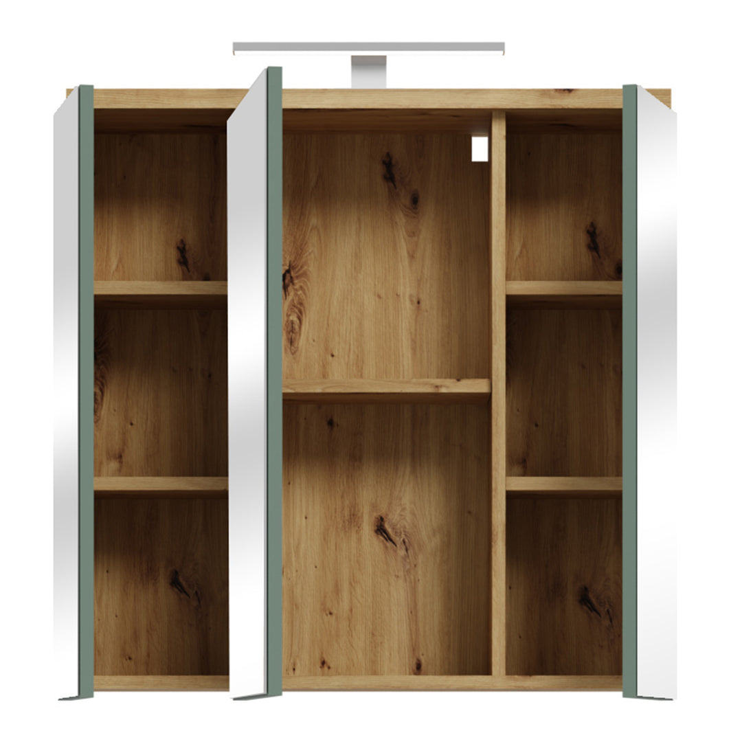 Veris 3 Door Mirrored Bathroom Cabinet with Integrated LED Lighting â€“ Artisan Oak and Sage Green