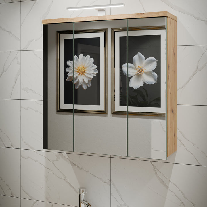 Veris 3 Door Mirrored Bathroom Cabinet with Integrated LED Lighting â€“ Artisan Oak and Sage Green