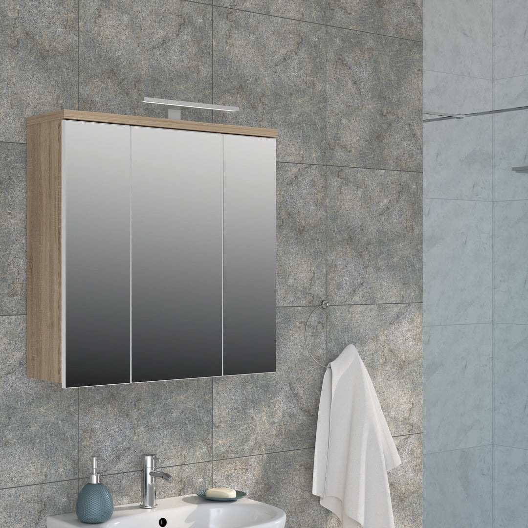 Veris 3 Door Mirrored Bathroom Cabinet with Integrated LED Lighting â€“ Sonoma Oak & White Gloss