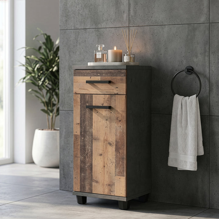 Veris Bathroom Cupboard with 1 Door & 1 Drawer in Walnut and Dark Grey