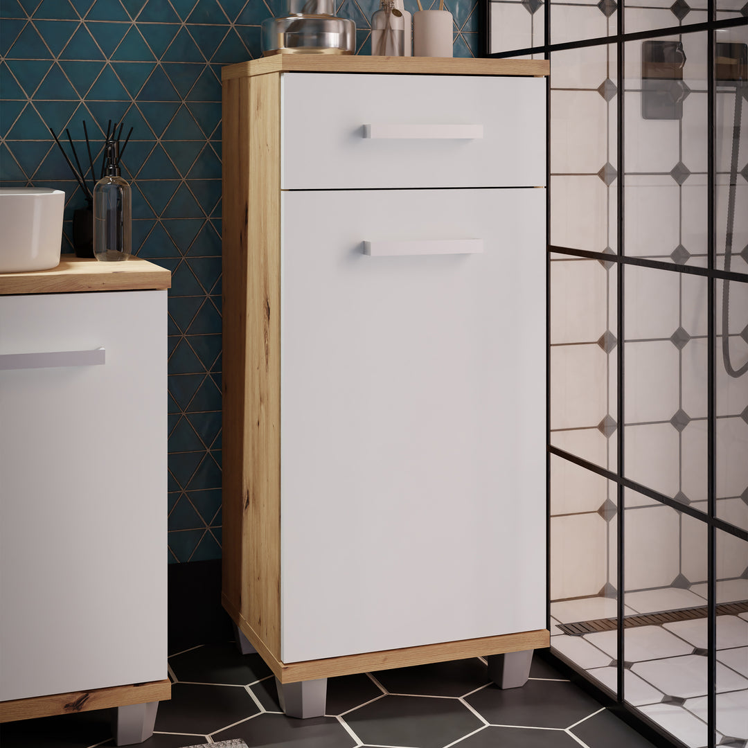 Veris Bathroom Cupboard with 1 Door & 1 Drawer in Artisan Oak and Light Grey