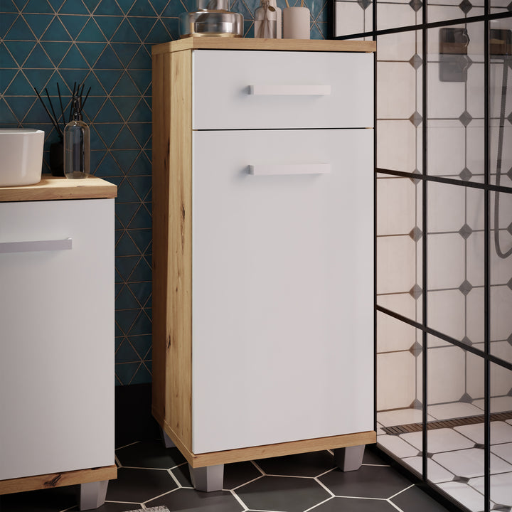Veris Bathroom Cupboard with 1 Door & 1 Drawer in Artisan Oak and Light Grey