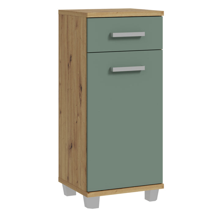 Veris Bathroom Cupboard with 1 Door & 1 Drawer in Artisan Oak and Sage Green