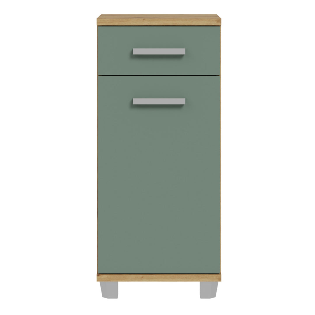 Veris Bathroom Cupboard with 1 Door & 1 Drawer in Artisan Oak and Sage Green