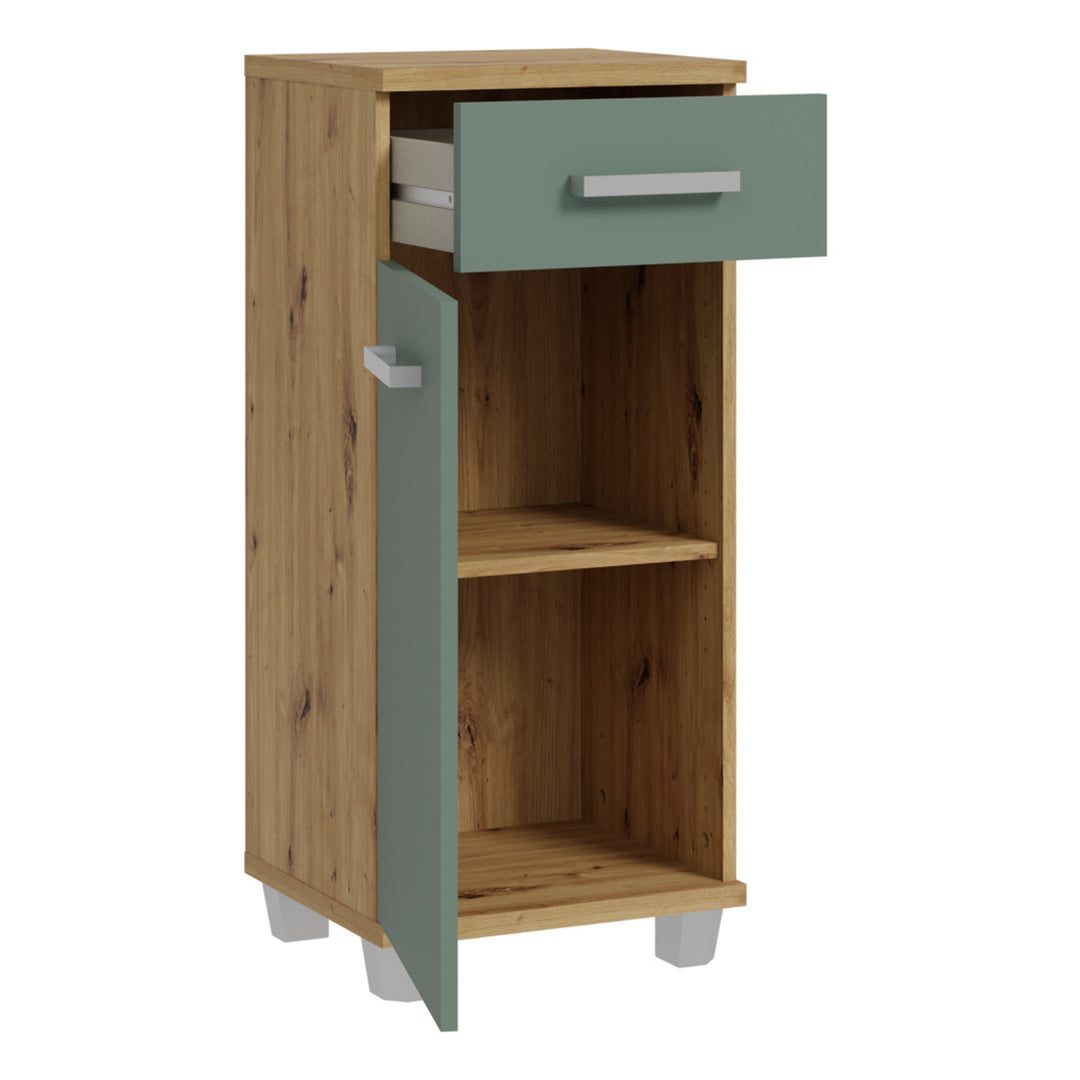 Veris Bathroom Cupboard with 1 Door & 1 Drawer in Artisan Oak and Sage Green