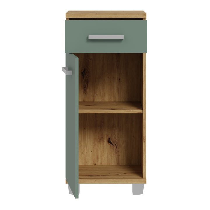 Veris Bathroom Cupboard with 1 Door & 1 Drawer in Artisan Oak and Sage Green