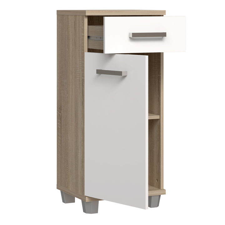 Veris Bathroom Cupboard with 1 Door & 1 Drawer in Sonoma Oak and White Gloss