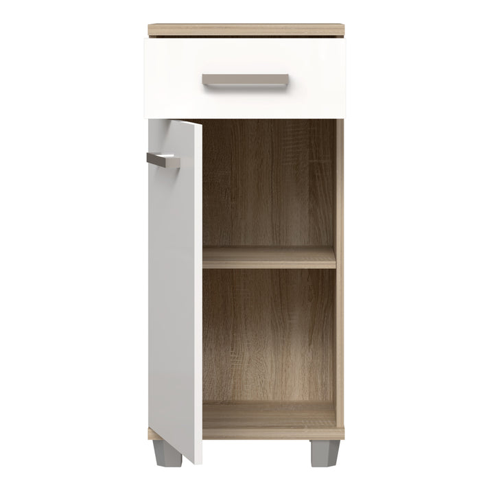 Veris Bathroom Cupboard with 1 Door & 1 Drawer in Sonoma Oak and White Gloss