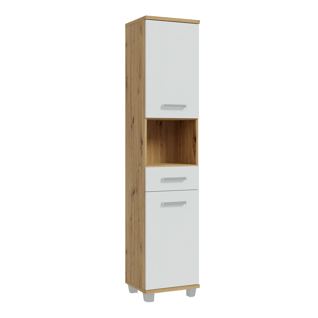 Veris Tall Narrow Bathroom Cupboard with 2 Doors & 1 Drawer in Artisan Oak and Light Grey