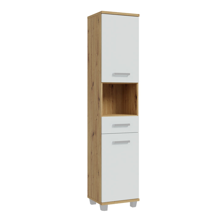 Veris Tall Narrow Bathroom Cupboard with 2 Doors & 1 Drawer in Artisan Oak and Light Grey