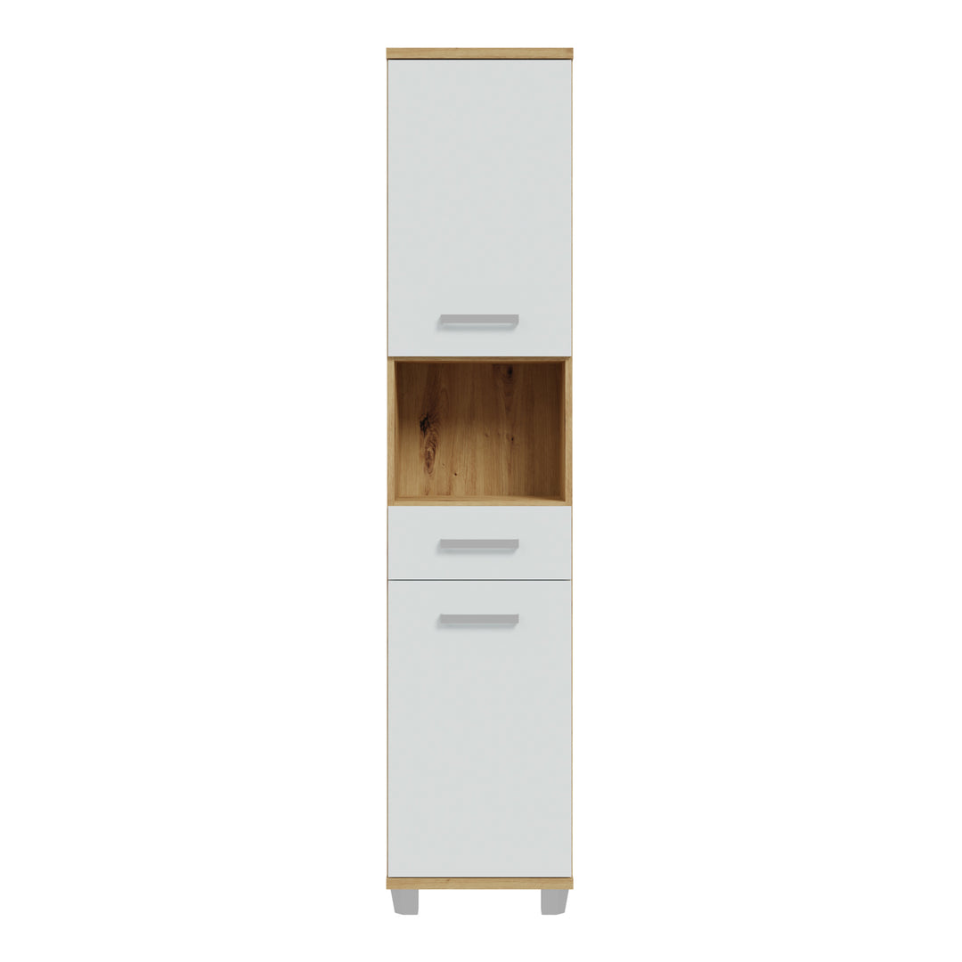 Veris Tall Narrow Bathroom Cupboard with 2 Doors & 1 Drawer in Artisan Oak and Light Grey