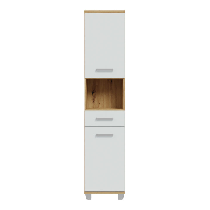 Veris Tall Narrow Bathroom Cupboard with 2 Doors & 1 Drawer in Artisan Oak and Light Grey