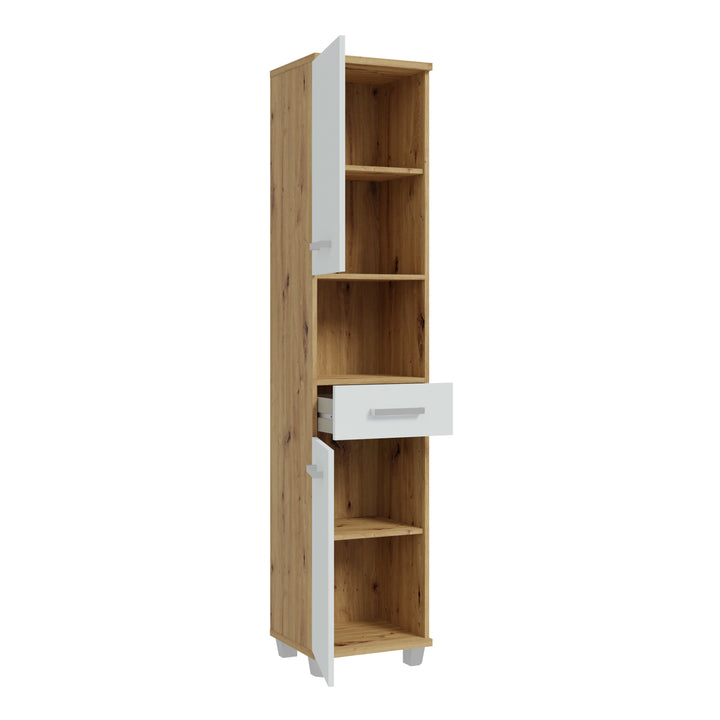 Veris Tall Narrow Bathroom Cupboard with 2 Doors & 1 Drawer in Artisan Oak and Light Grey