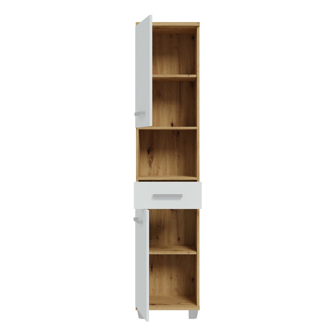 Veris Tall Narrow Bathroom Cupboard with 2 Doors & 1 Drawer in Artisan Oak and Light Grey