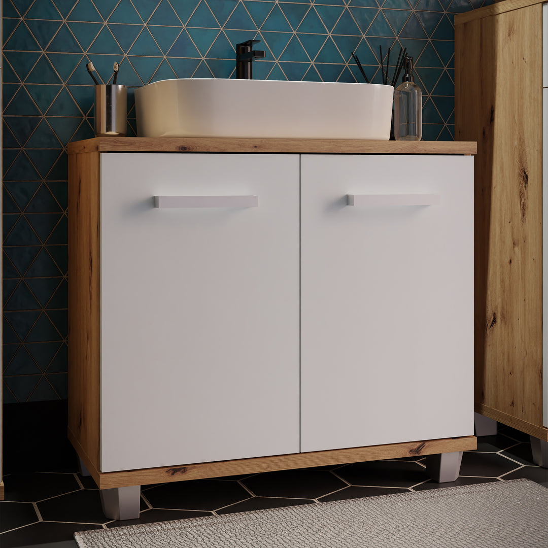 Veris Under Sink Vanity Unit with 2 Doors in Artisan Oak and Light Grey Doors