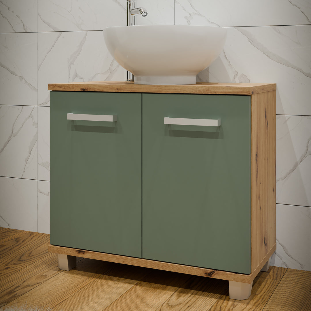 Veris Under Sink Vanity Unit with 2 Doors in Artisan Oak and Sage Green Doors