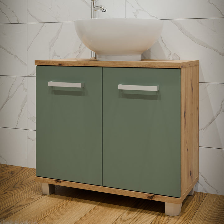 Veris Under Sink Vanity Unit with 2 Doors in Artisan Oak and Sage Green Doors