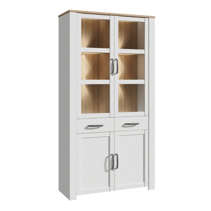 Bohol Display Cabinet 4 Door 1 Drawer in White/Riviera Oak inc LED Lighting
