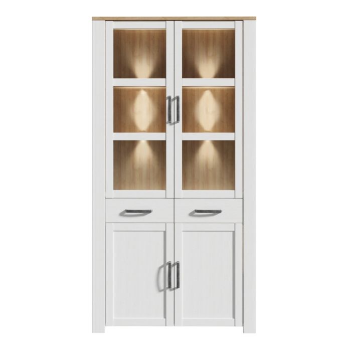 Bohol Display Cabinet 4 Door 1 Drawer in White/Riviera Oak inc LED Lighting