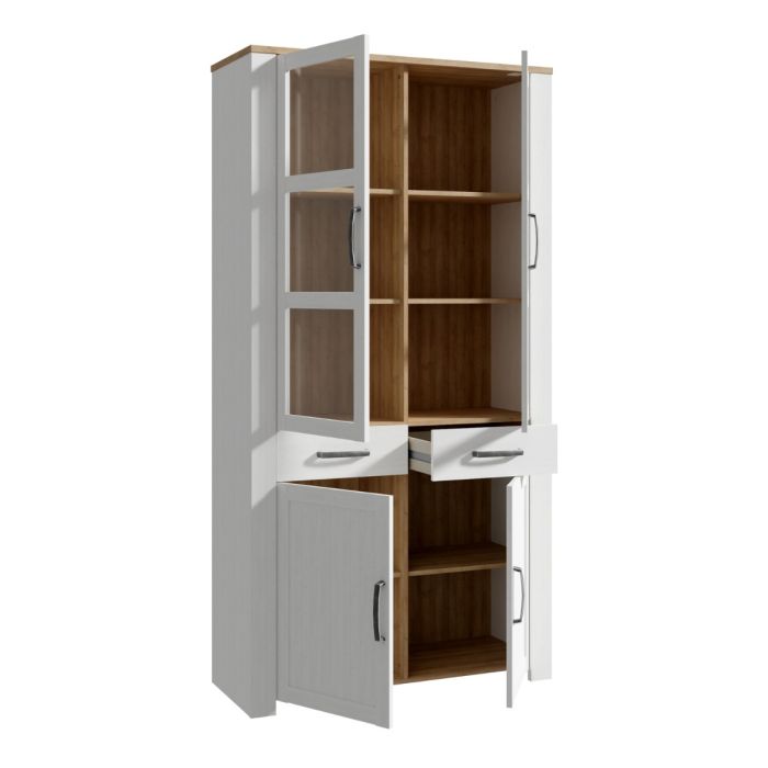 Bohol Display Cabinet 4 Door 1 Drawer in White/Riviera Oak inc LED Lighting