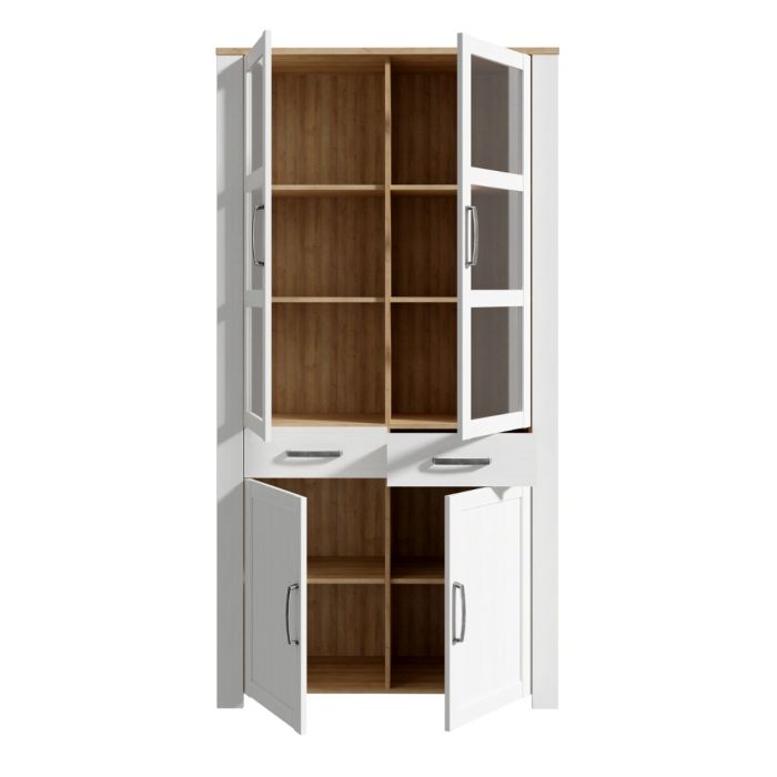 Bohol Display Cabinet 4 Door 1 Drawer in White/Riviera Oak inc LED Lighting