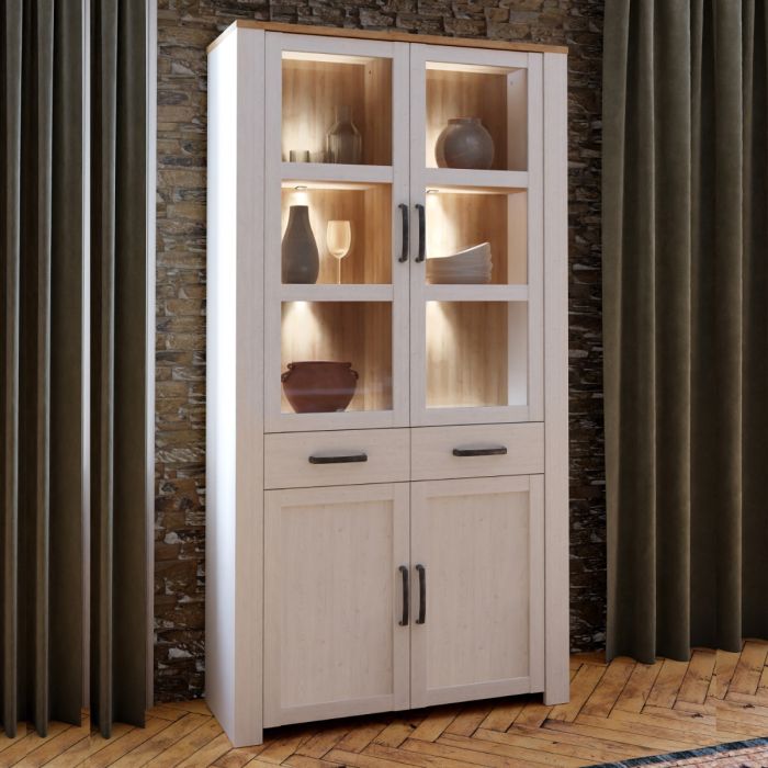 Bohol Display Cabinet 4 Door 1 Drawer in White/Riviera Oak inc LED Lighting
