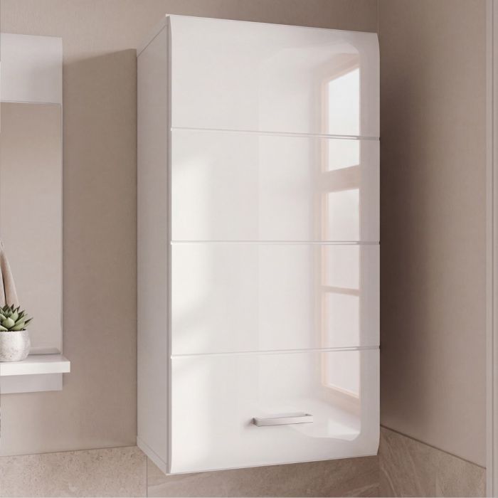 Ice Cave Hanging Storage Cupboard with 1 Door & Silver Handle in White with White Gloss Door