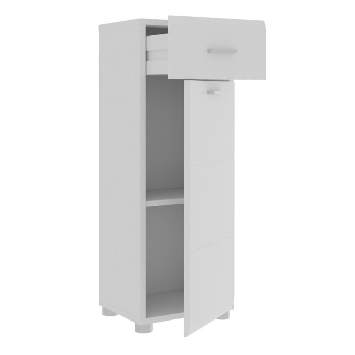 Ice Cave Bathroom Storage Cupboard with 1 Door & 1 Drawer with Silver Handles in White with White High Gloss Door
