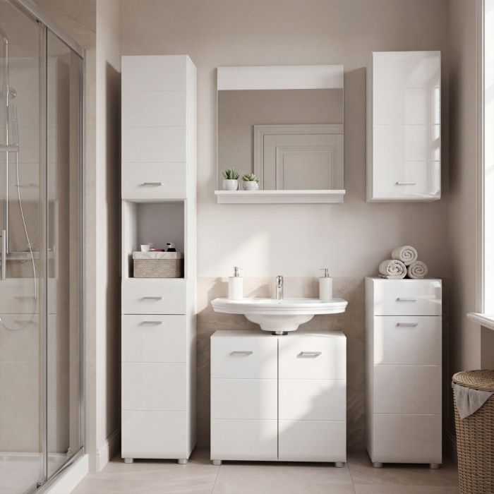 Ice Cave Bathroom Storage Cupboard with 1 Door & 1 Drawer with Silver Handles in White with White High Gloss Door