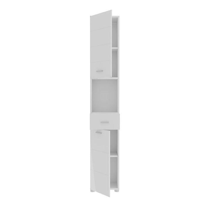 Ice Cave Narrow Bathroom Storage Cabinet with 2 Doors & 1 Drawer with Silver Handles in White with White High Gloss Fronts