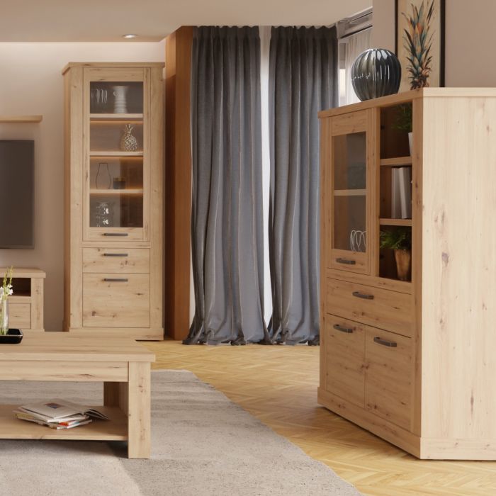 1 Door 1 Drawer 3 Shelf Display Cabinet in Artisan Oak – Corona Collection