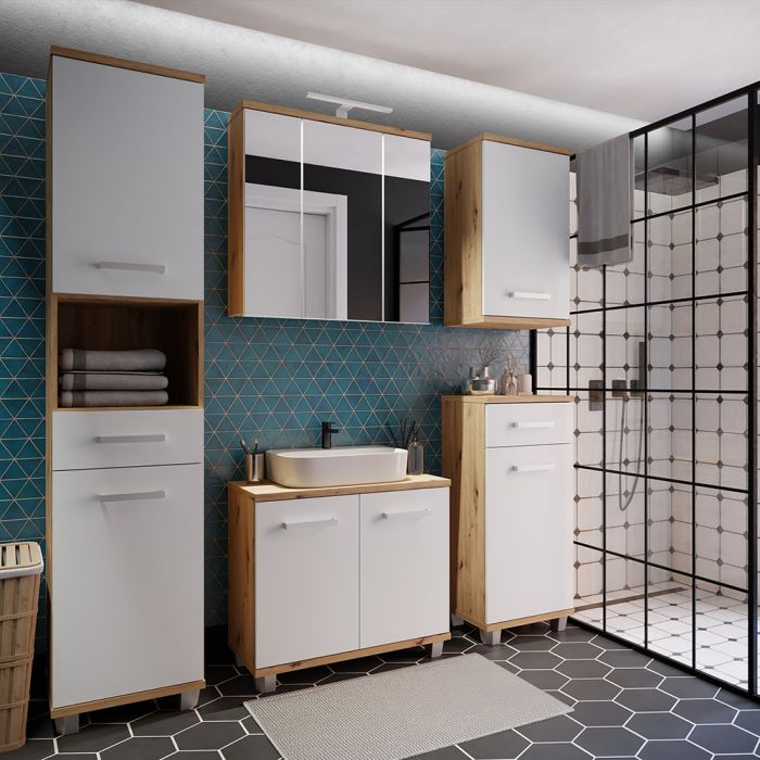 Veris 3 Door Mirrored Bathroom Cabinet with Integrated LED Lighting – Artisan Oak and Light Grey