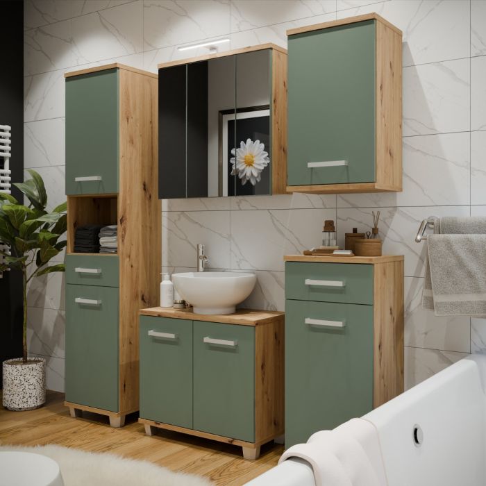 Veris 3 Door Mirrored Bathroom Cabinet with Integrated LED Lighting – Artisan Oak and Sage Green