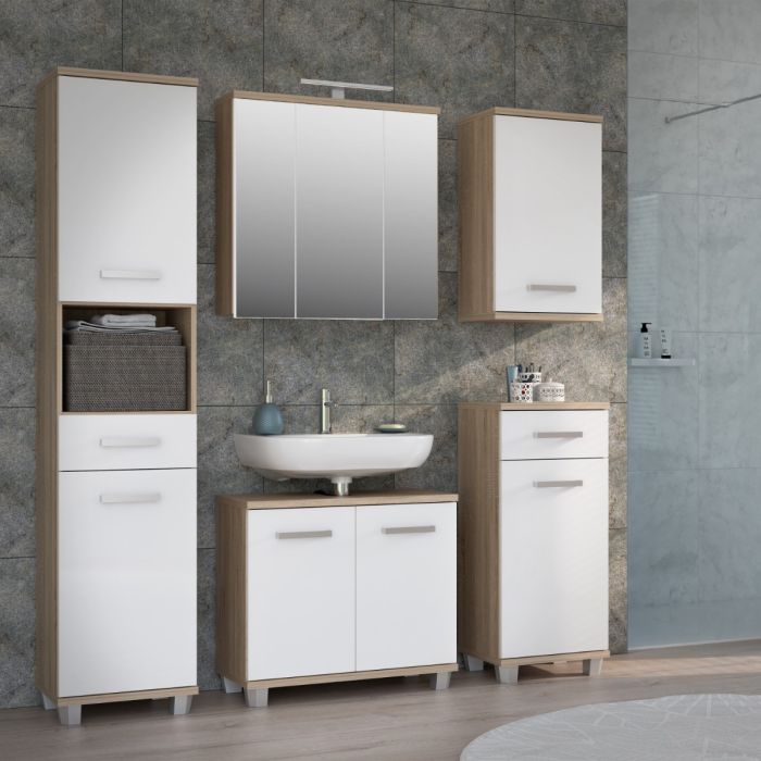Veris 3 Door Mirrored Bathroom Cabinet with Integrated LED Lighting – Sonoma Oak & White Gloss
