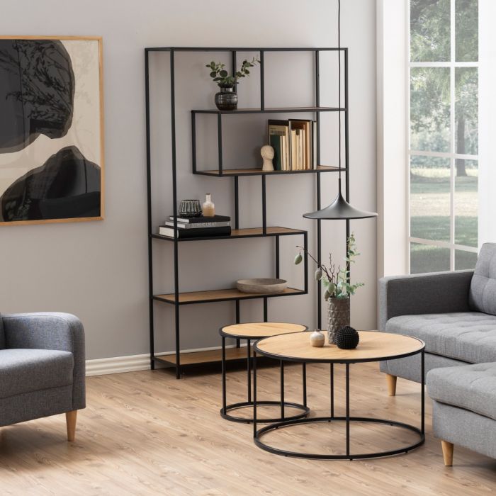 Seaford Large Asymmetrical Bookcase in Black Frame with Oak Shelves