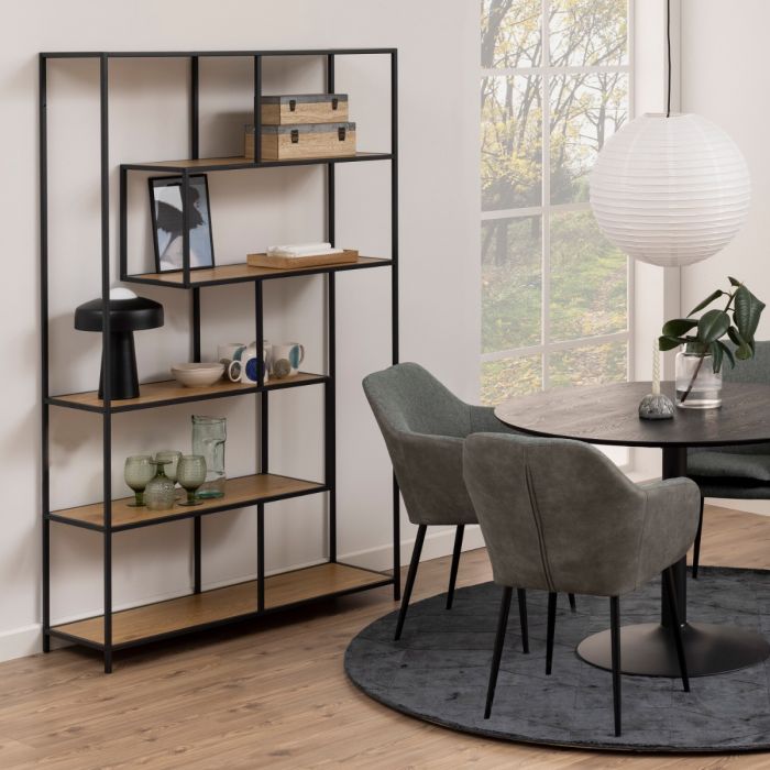 Seaford Large Asymmetrical Bookcase in Black Frame with Oak Shelves
