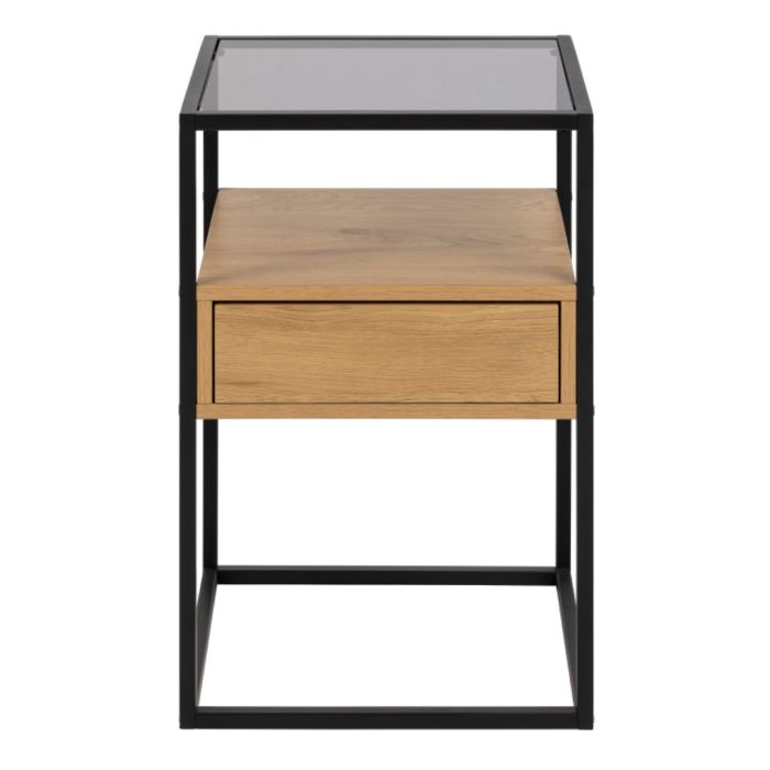 Randolf Square Bedside Table with 1 Drawer in Black and Oak