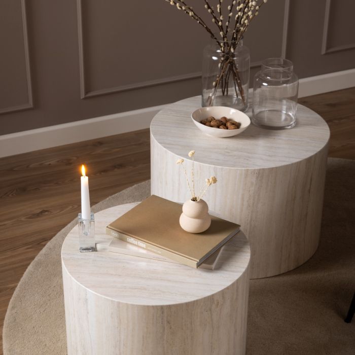 Dice Round Coffee Table Set in Light Travertine Finish