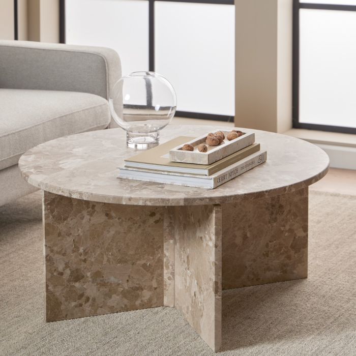Vega Round Coffee Table with Brown Marble Top – 90cm
