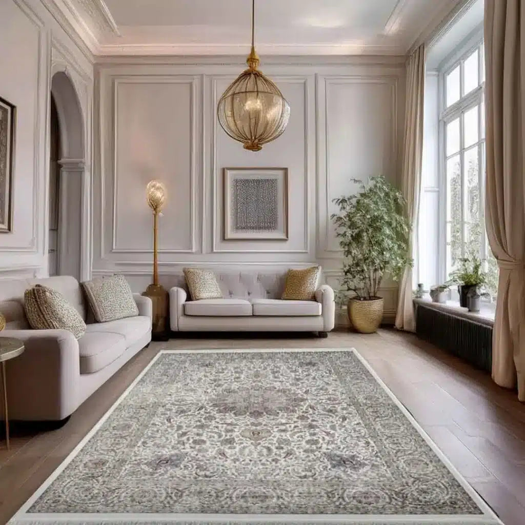 Minyatur Ornate Floral Centerpiece Ivory Rug