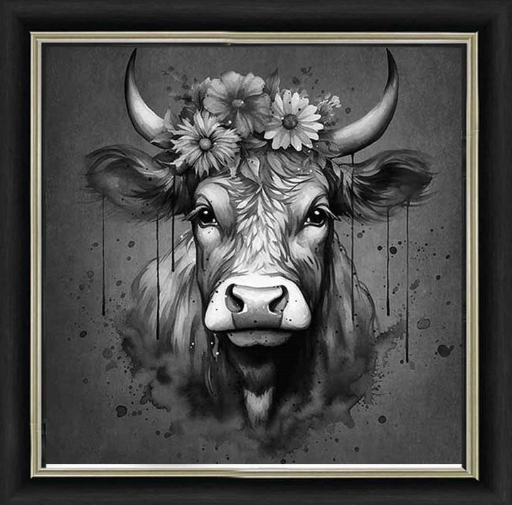 AN1283-B&W FLORAL CROWN HIGHLAND COW BLACK & WHITE