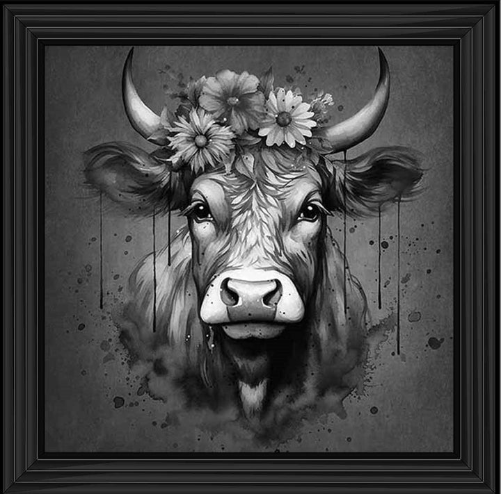 AN1283-B&W FLORAL CROWN HIGHLAND COW BLACK & WHITE