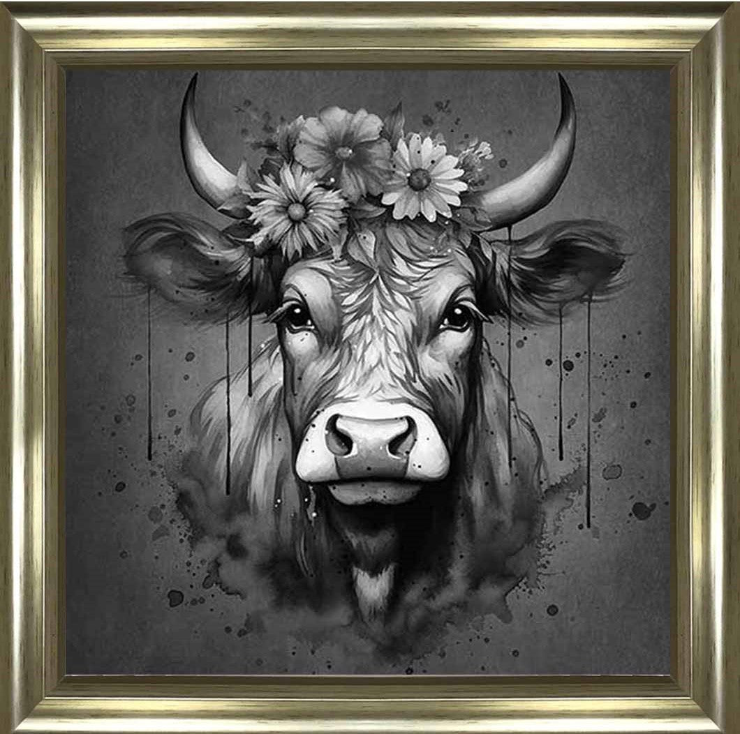 AN1283-B&W FLORAL CROWN HIGHLAND COW BLACK & WHITE