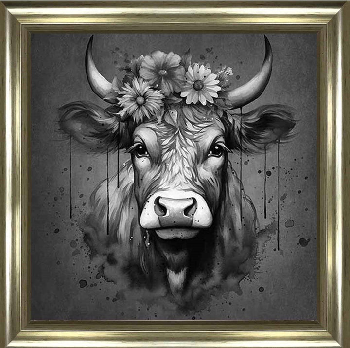 AN1283-B&W FLORAL CROWN HIGHLAND COW BLACK & WHITE