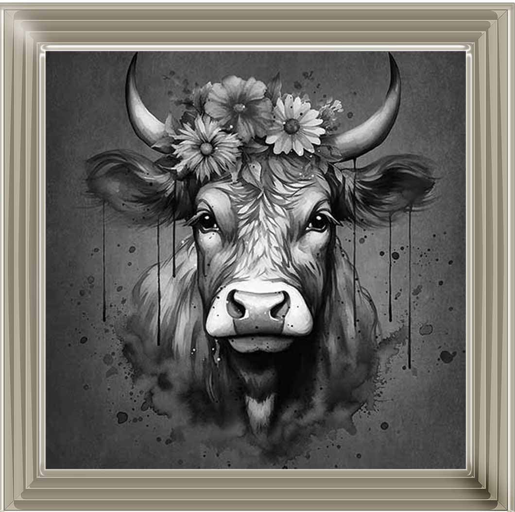 AN1283-B&W FLORAL CROWN HIGHLAND COW BLACK & WHITE