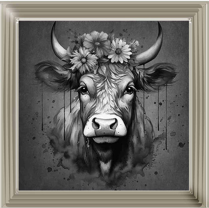 AN1283-B&W FLORAL CROWN HIGHLAND COW BLACK & WHITE